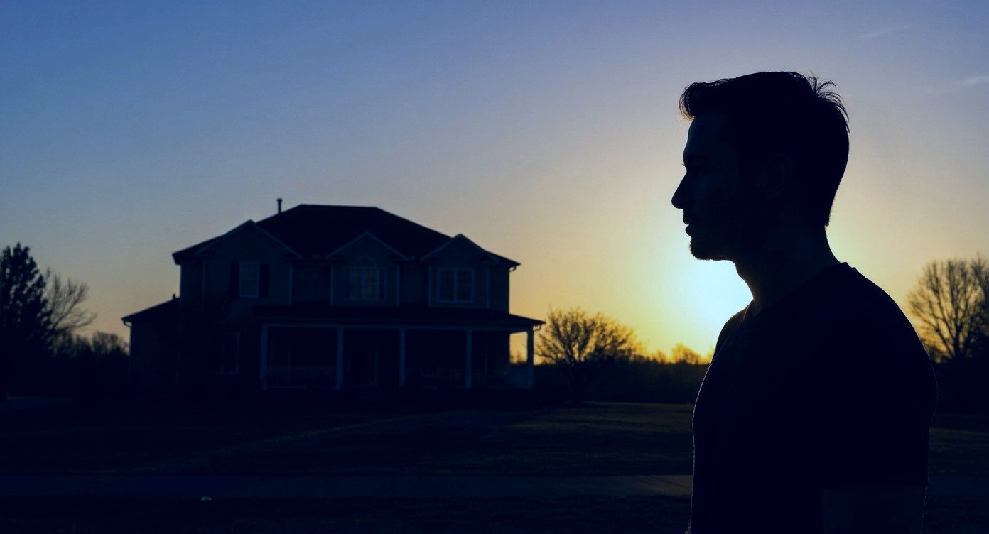 Silhouette of a man looking at a home at sunset, representing crypto-powered homeownership