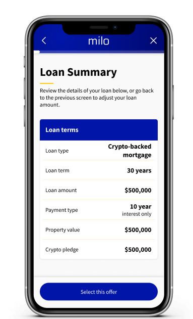 Qualify for a mortgage in just minutes with Milo's crypto-backed mortgage. Pledge BTC, ETH, or USDC with our secure custodian to access funds hassle-free. Learn more about how this process works and how you can take advantage of the benefits of your cryptocurrency while buying a new home. Qualify for a mortgage in just minutes with Milo's crypto-backed mortgage. Pledge BTC, ETH, or USDC with our secure custodian to access funds hassle-free. Learn more about how this process works and how you can take advantage of the benefits of your cryptocurrency while buying a new home.